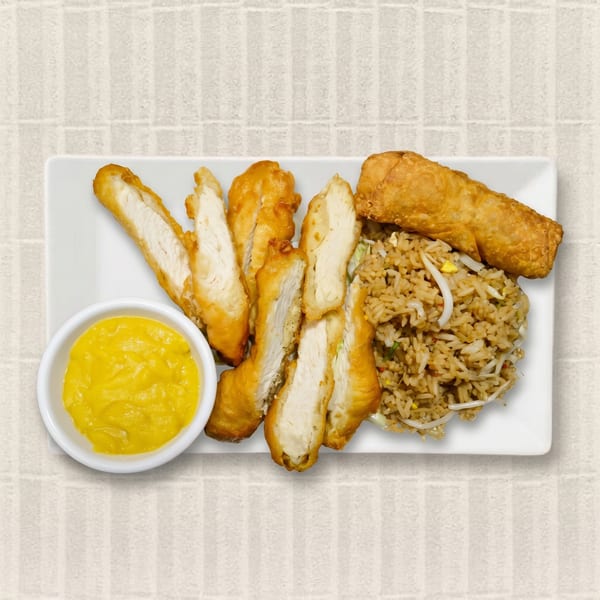 Fried chicken strips, egg roll, fried rice with bean sprouts, and a side of yellow sauce.