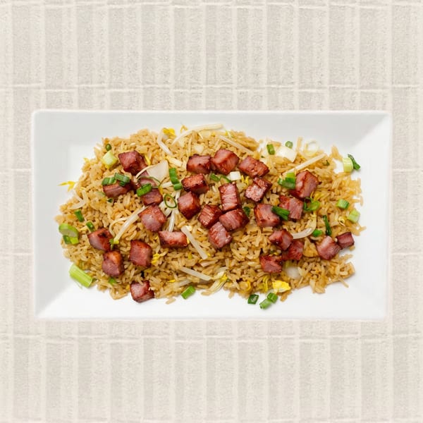 Pork fried rice with bean sprouts, onions, and green onions on a white rectangular plate.